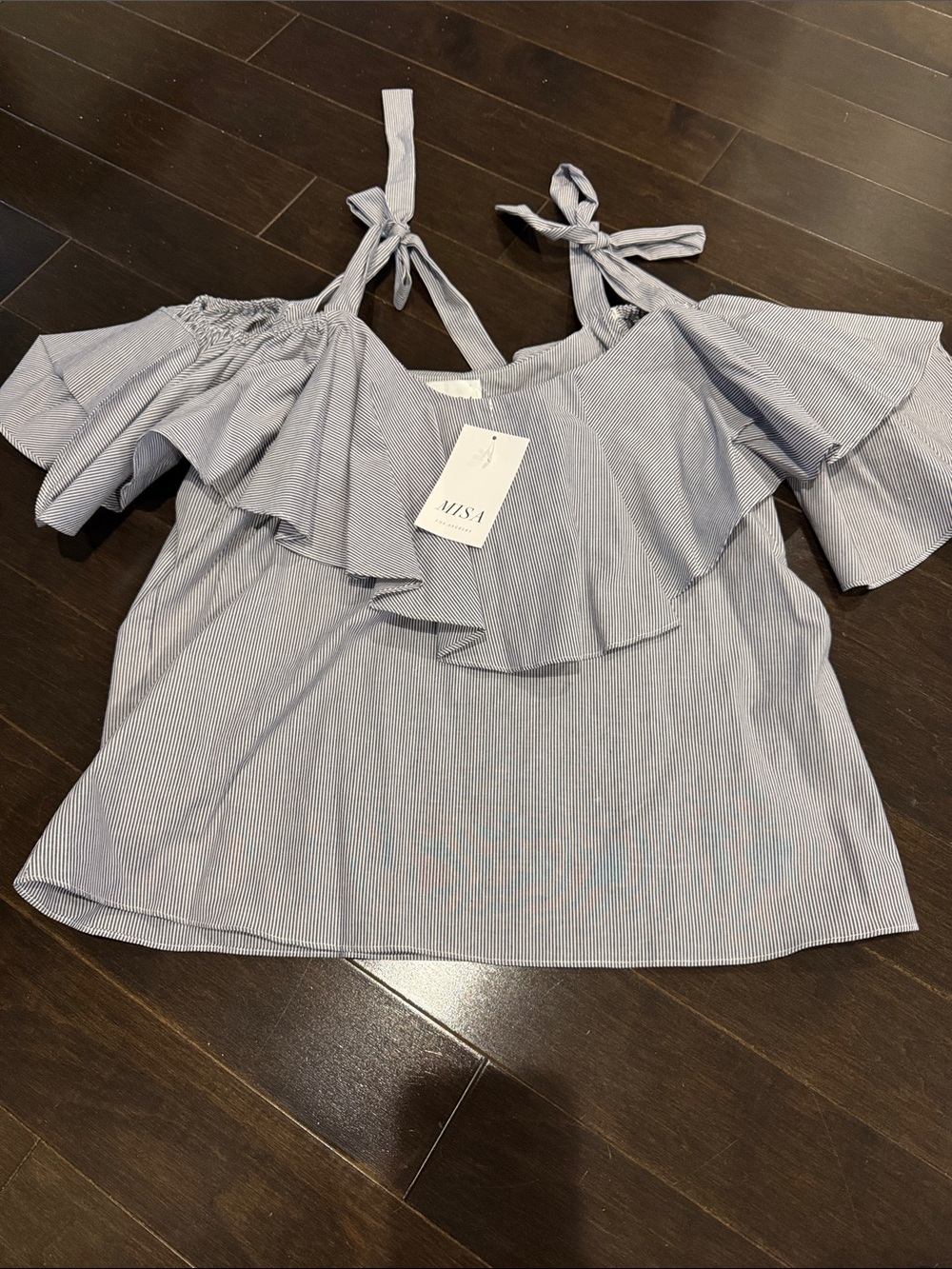 MISA NWT Blue Pinstripe Off-Shoulder Ruffle Tie-Strap Top